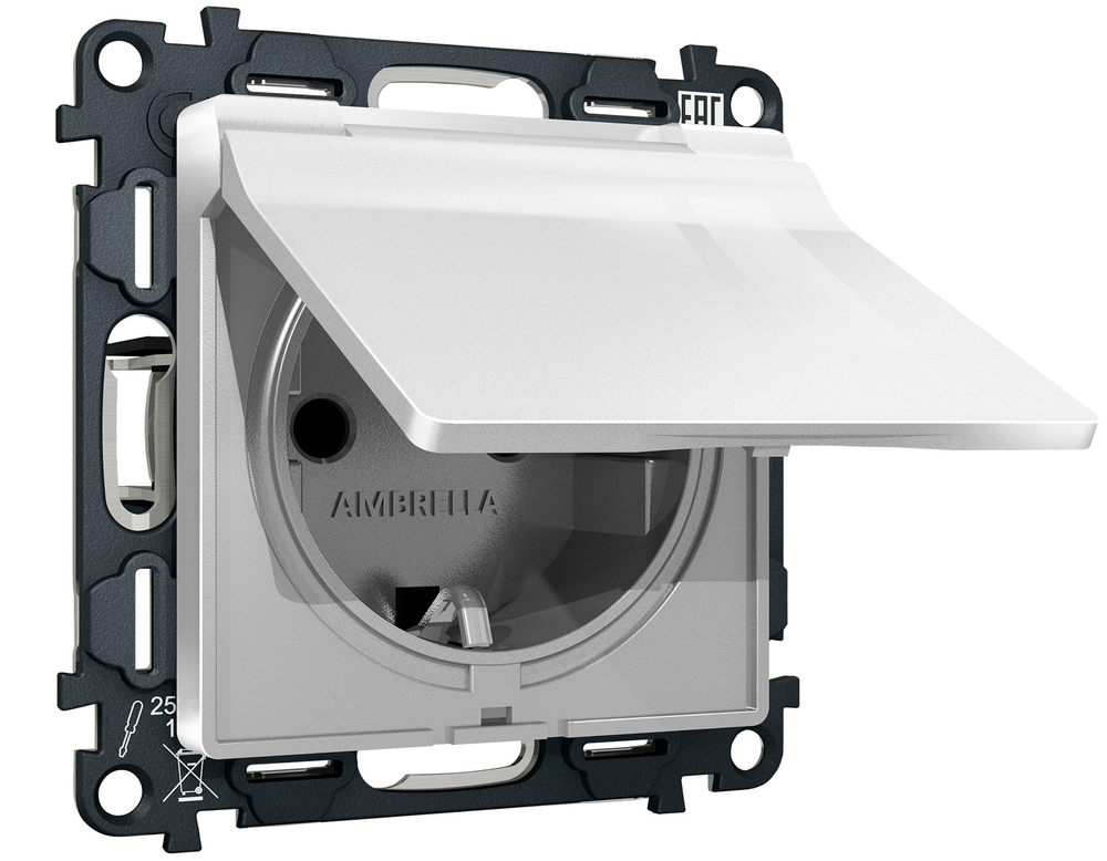 MA408010 Комплект механизма электрической розетки ALFA Серебро глянец с/з с шторками и крышкой IP44 QUANT (AP4080, VM141)