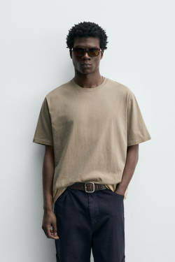 ZARA ФУТБОЛКА REGULAR FIT LIGHTWEIGHT ORIGINS, БЕЖЕВЫЙ МЕЛАНЖ