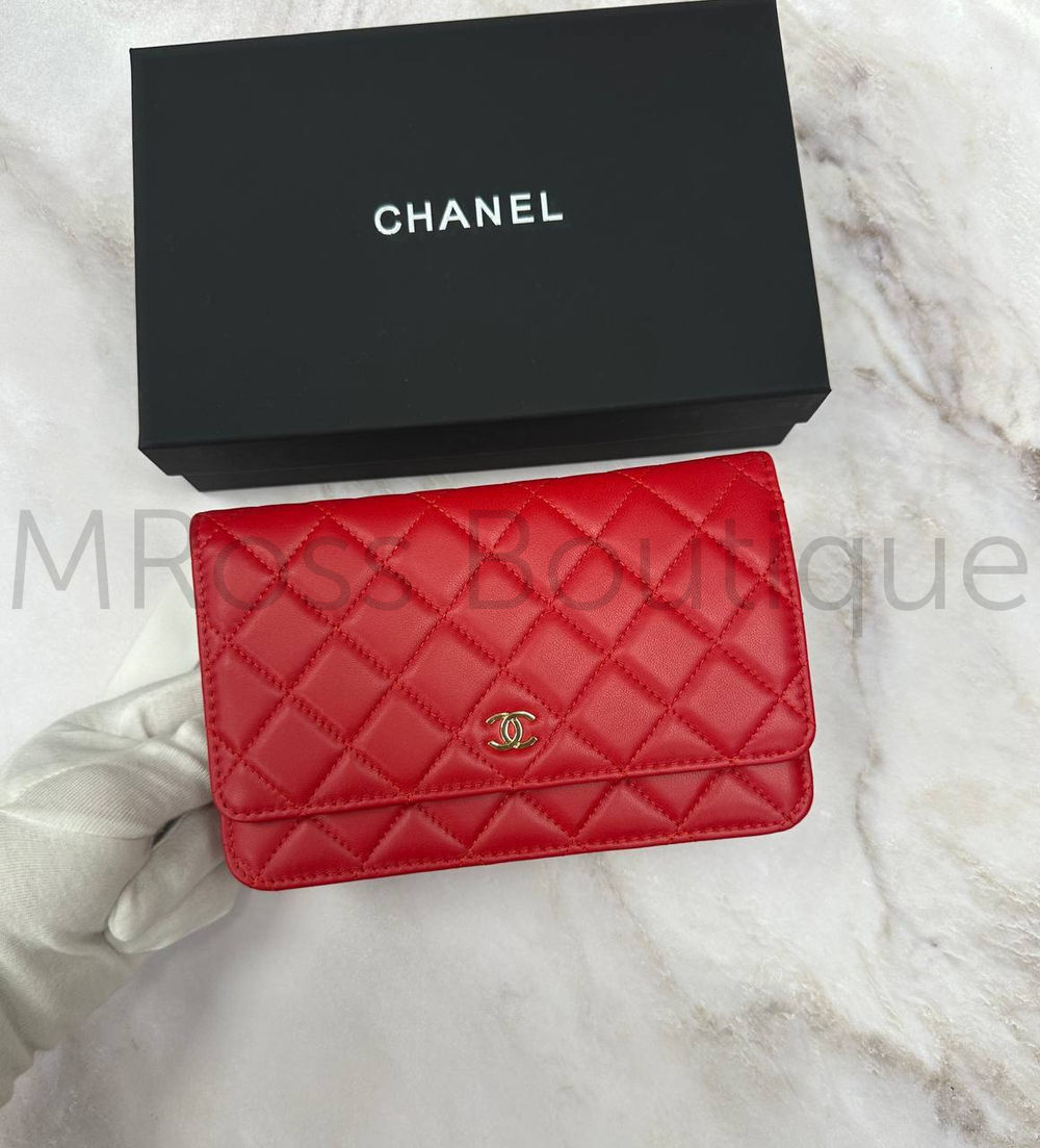 Классический красный кошелек на цепочке Chanel Woc премиум класса