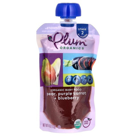 Plum Organics, Органическое детское питание, этап 2, груша, пурпурная морковь и черника, 4 унции (113 г)