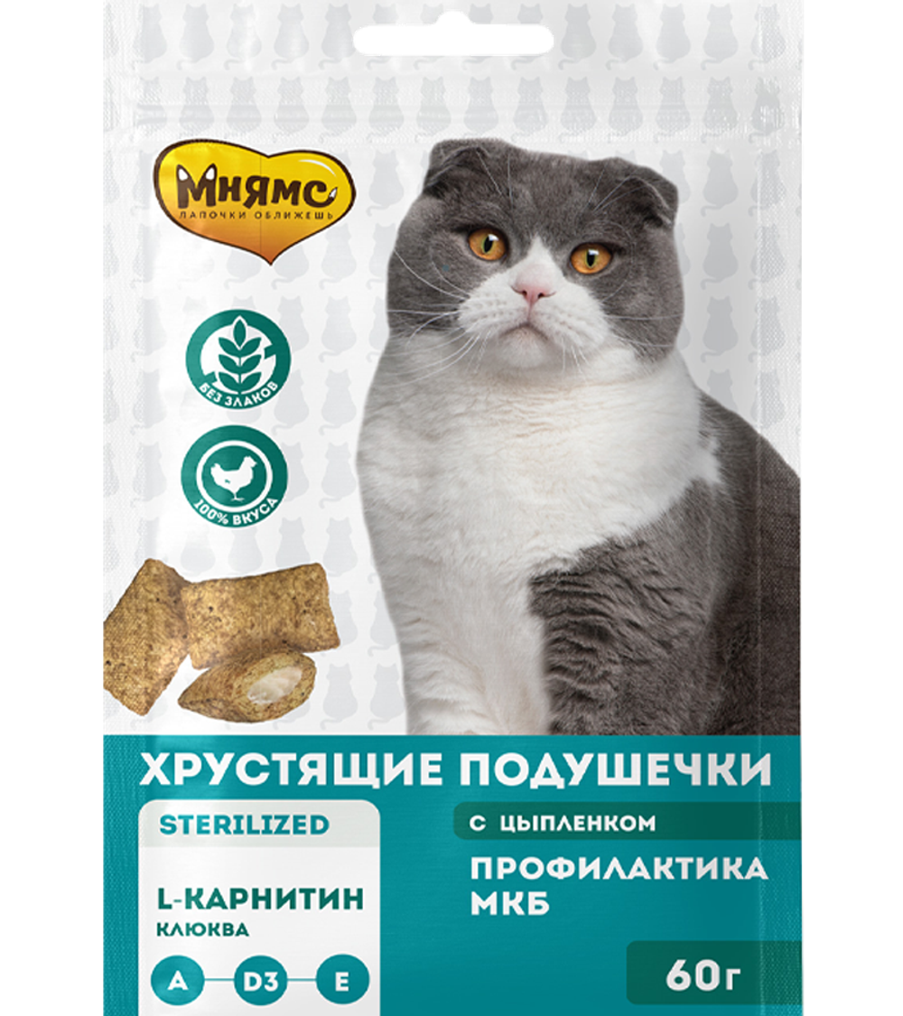 Мнямс хрустящие подушечки для кошек "Профилактика МКБ" с цыпленком и клюквой 60гр.