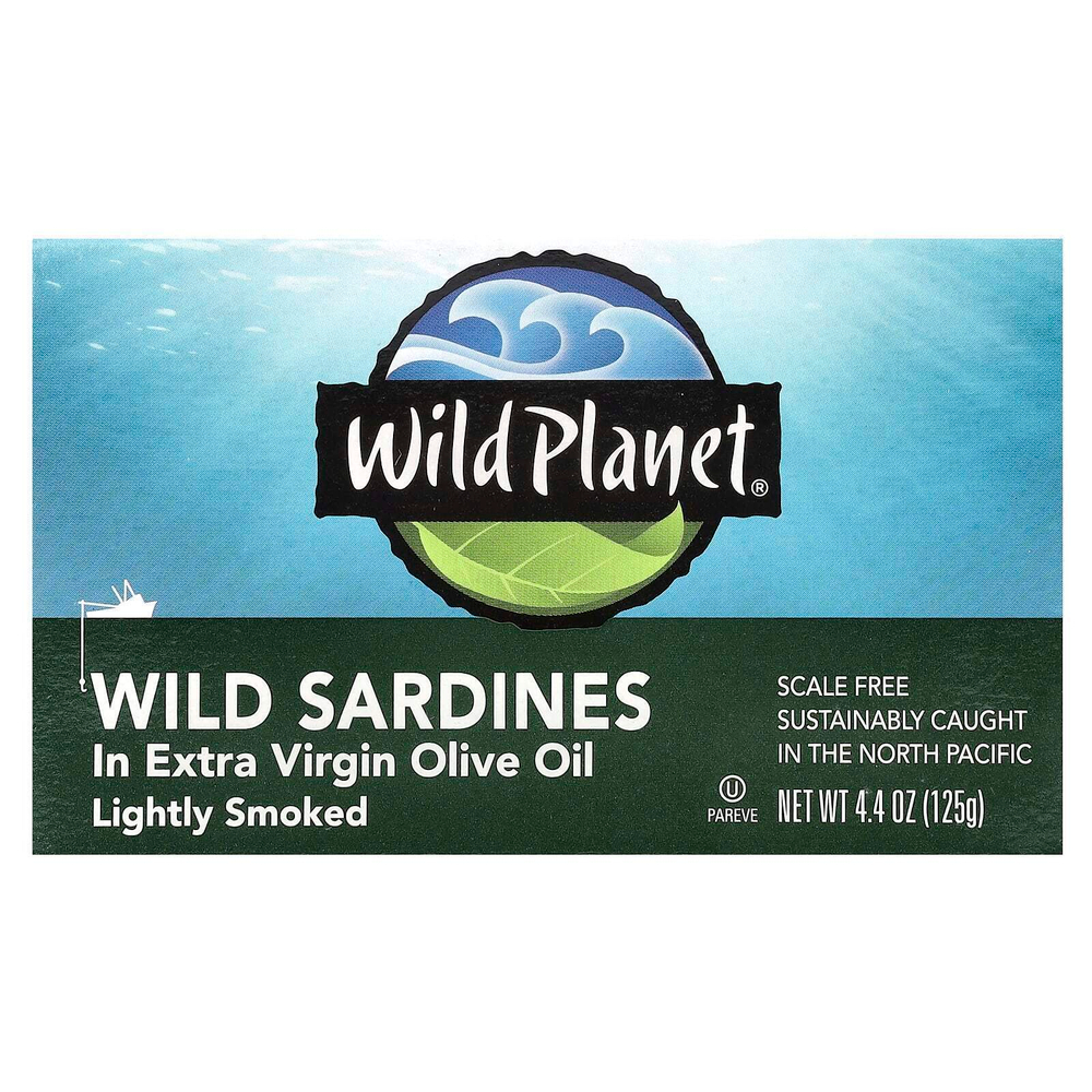 Wild Planet, Сардины, выловленные в диких условиях, в оливковом масле первого отжима, Слегка подкопченные, 4,4 унц. (125 г)