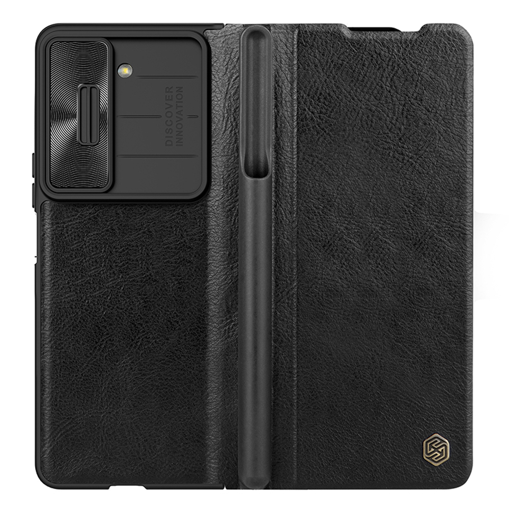 Кожаный чехол от Nillkin для Samsung Galaxy Z Fold 5, черный цвет, с держателем для S Pen, серия Qin Pro Leather с защитной шторкой для камеры