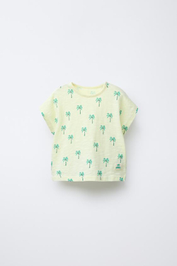 ZARA ФУТБОЛКА С ПРИНТОМ «ПАЛЬМЫ», СВЕТЛО-ЖЕЛТЫЙ