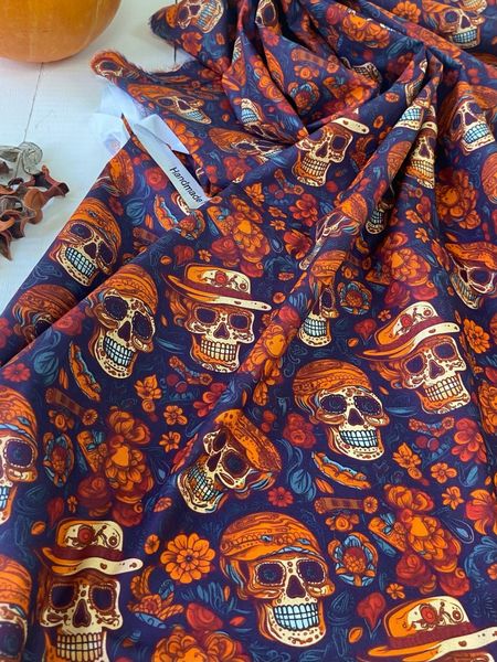 МЕКСИКАНСКИЙ ЧЕРЕП НА ОРАНЖЕВОМ 100% хлопок, Handmade Fabrics 2