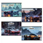 Альбом для рисования А4 24л., Alingar, на скрепке, мелованный картон (стандарт) 210г/м2, офсет 100 г/м2, "Яркое авто", 4 дизайна в пленке т/у