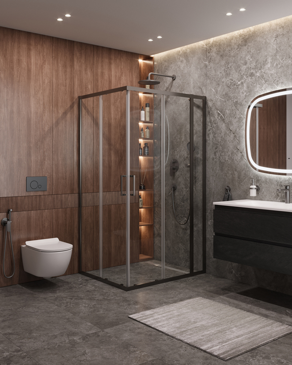 Душевой уголок Cezares MOLVENO-AH-21-90+30-C-GM-IV, 120х90х195, профиль оружейная сталь, прозрачное стекло