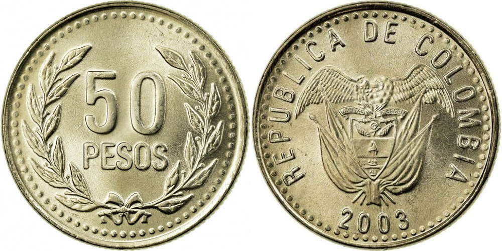 Колумбия 50 песо, 1989 - 2009 Герб XF