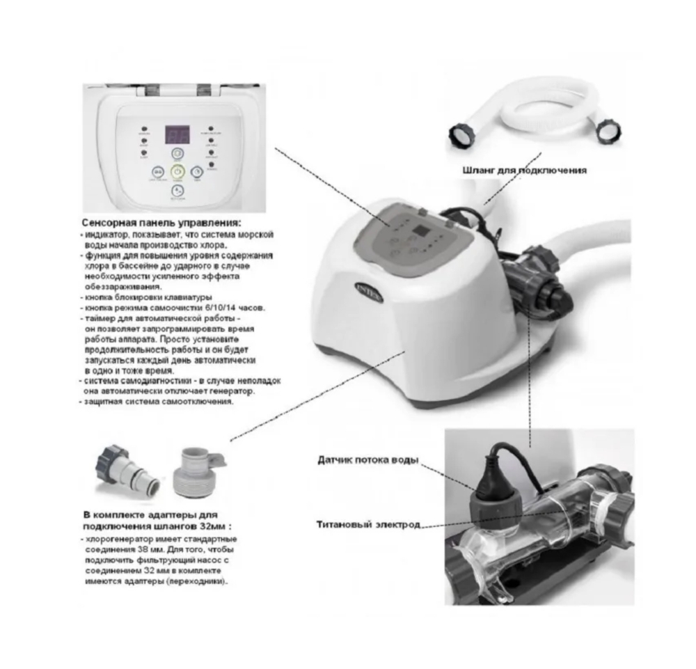 Хлоргенератор для бассейна Intex 26664, автоматическая система очистки воды 4 г/ч