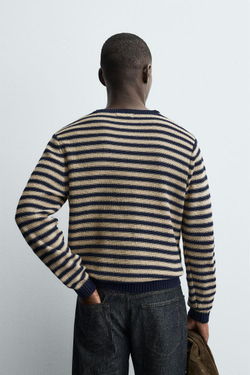 ZARA ЖАККАРДОВЫЙ ДЖЕМПЕР В ПОЛОСКУ, ЭКРЮ/ТЕМНО-СИНИЙ