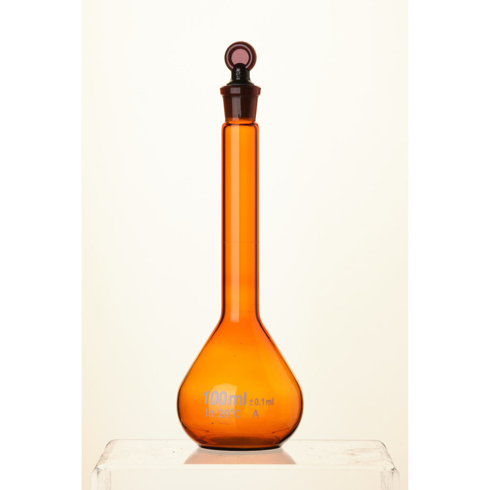 Колба мерная, 100 мл, темное боросиликатное стекло, пробка стекло