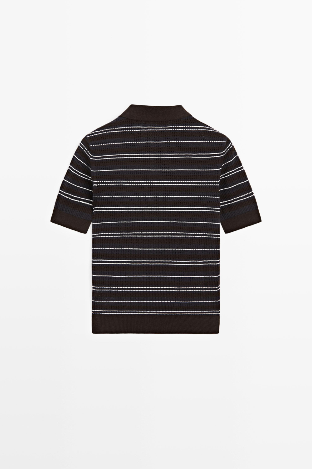 Massimo Dutti Футболка поло из смесовой хлопковой ткани в полоску с ажурным узором, синий