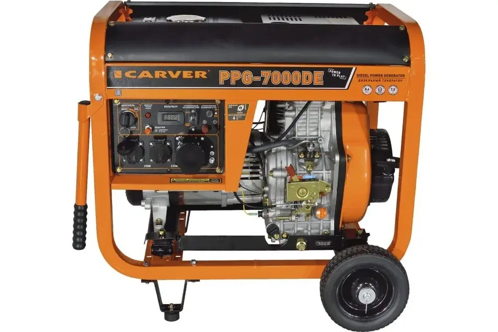 Генератор дизельный CARVER PPG-7000DE (дизель LT-186FA, 6.8 кВА, бак 12.5 л, эл старт АКБ, колеса, медь) Карвер бензогенератор / резервное питание