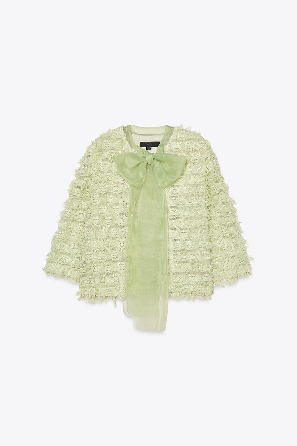 ZARA КАРДИГАН С БАХРОМОЙ И БАНТОМ ИЗ ОРГАНЗЫ, СВЕТЛО-ЗЕЛЕНЫЙ