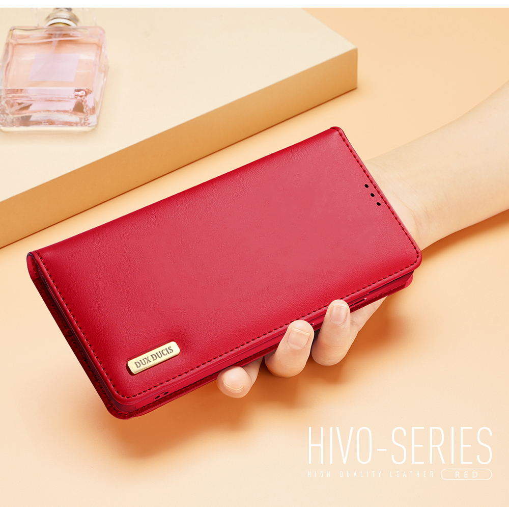 Чехол книжка из натуральной кожи красного цвета с защитой RFID для Samsung Galaxy S25 Ultra, Dux Ducis, серия Hivo Series Case