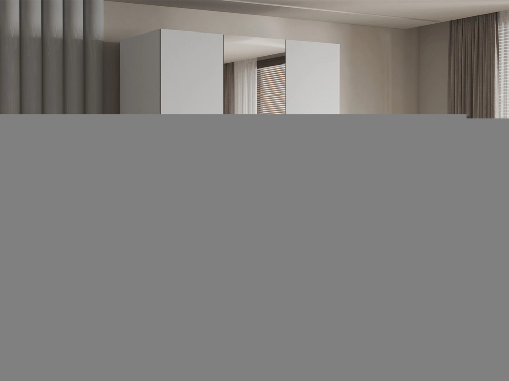 Распашной трехсекционный шкаф Эмма (с зеркалом и 2 ящиками) c черными ручками Белый снег 8685 BS  170*60*260