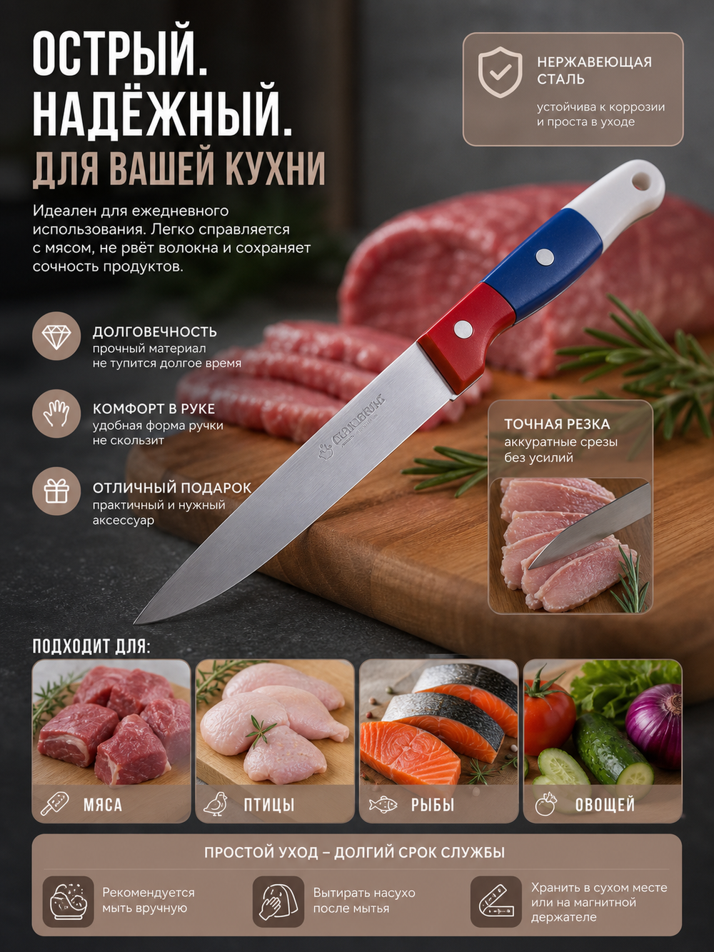 Нож кухонный «Триколор» 12.5см
