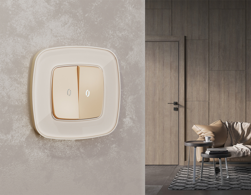 MO604055 Комплект механизма 2-кл выключателя с самовозвратом с подсветкой 5600K OMEGA Шампань QUANT (OP6040, VM129, G14W)