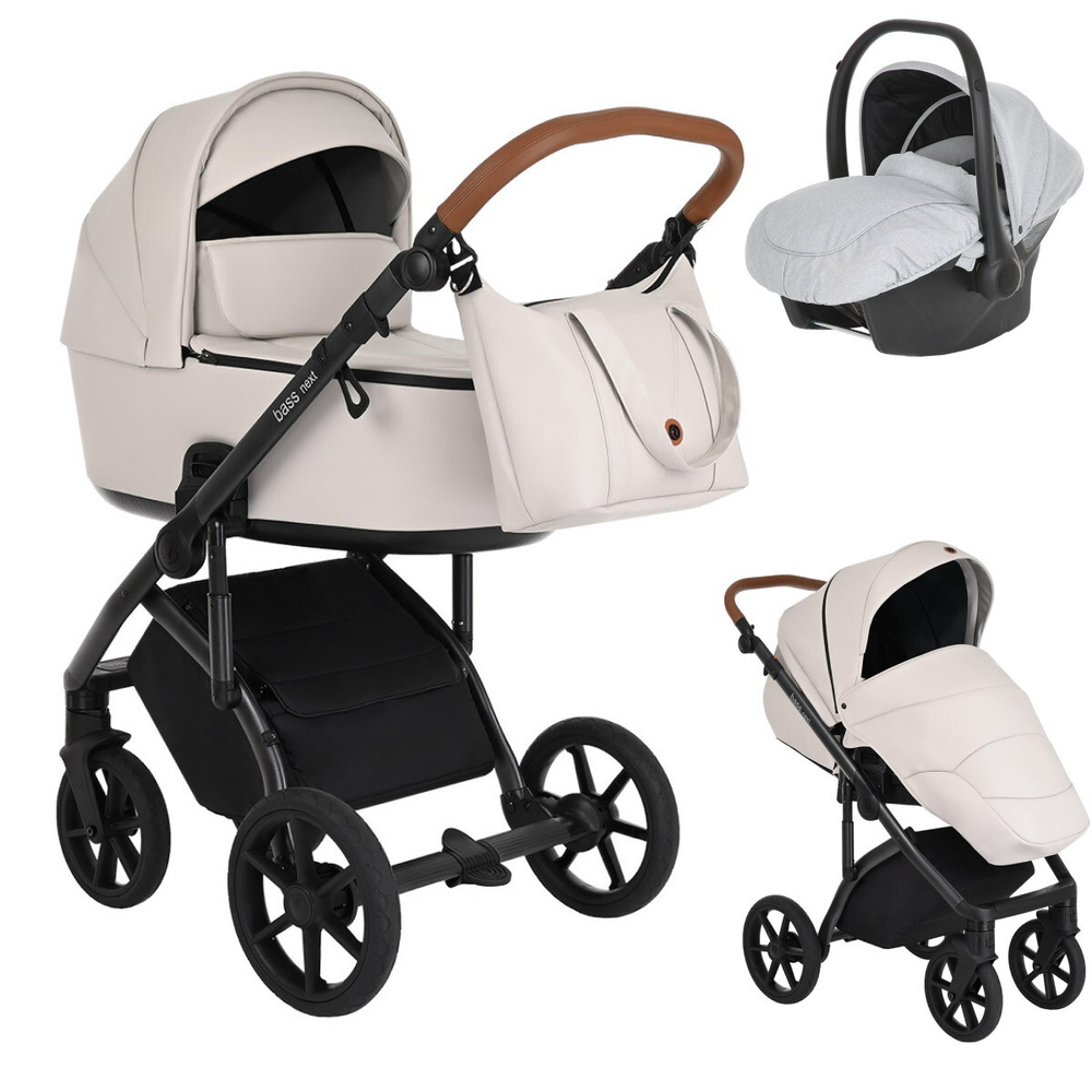 Детская коляска Roan Bass Next Кожа 3 в 1 с автокреслом Avionaut Silver Black RN084/1 Кожа Island Stone /Black
