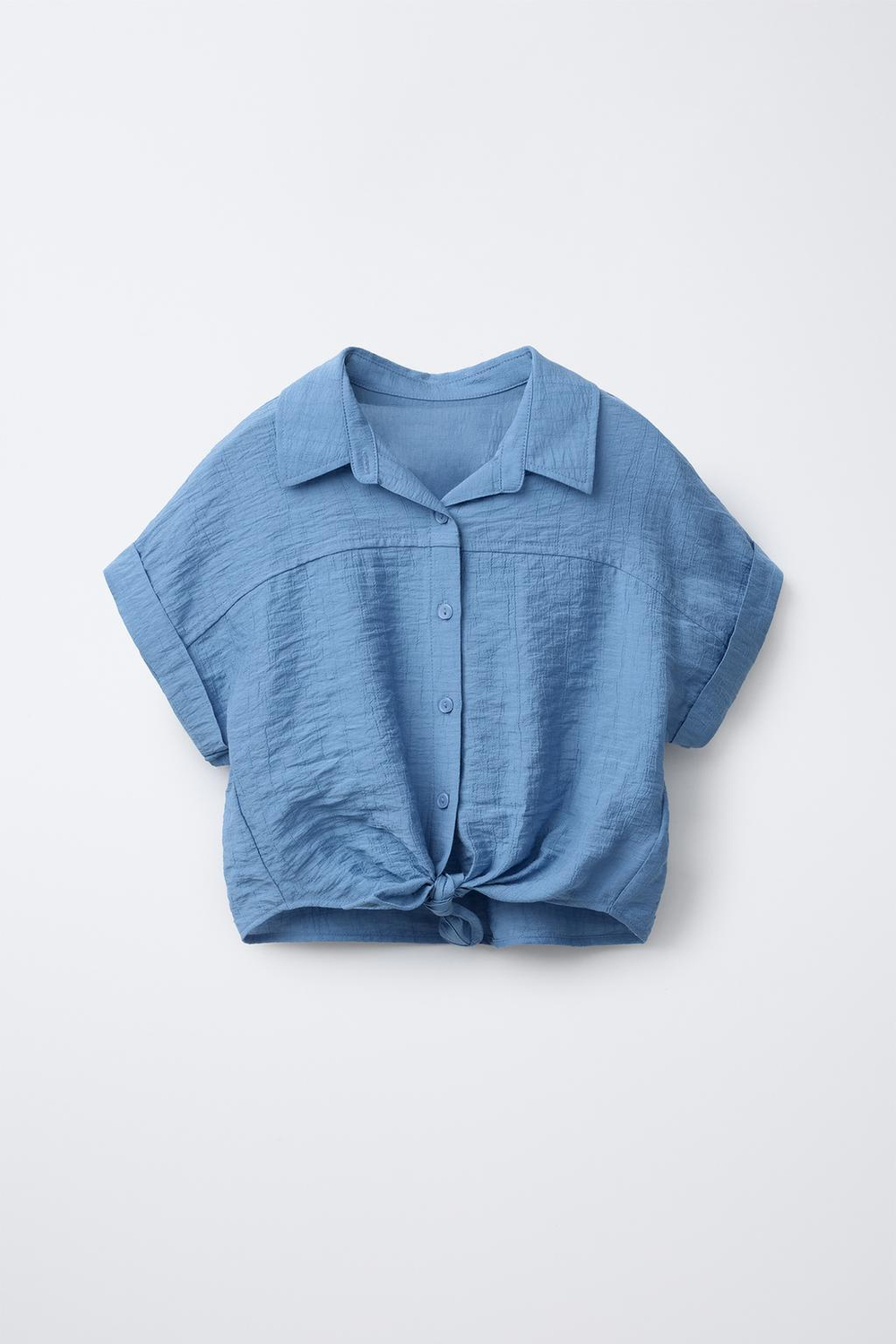 ZARA РУБАШКА ИЗ РЕЛЬЕФНОЙ ТКАНИ С УЗЛОМ, ВЫЦВЕТШИЙ СИНИЙ