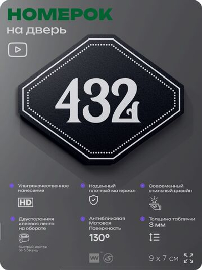 Номерок на дверь квартиры 432, для кабинета, офиса, шильдик 9 х 7 см, черный, Айдентика Технолоджи