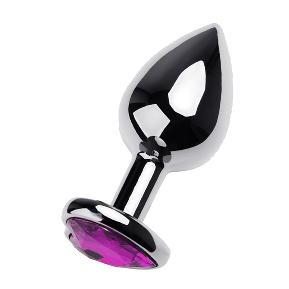 Серебристая анальная втулка 9,5см с фиолетовым стразом сердцем ToyFa Metal 717019-4