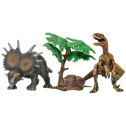 Набор фигурок серии "Мир динозавров": велоцираптор, стиракозавр, дерево, камень
