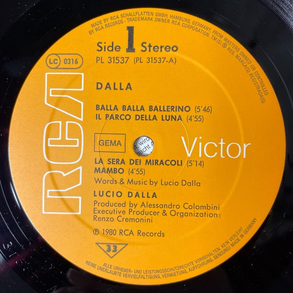 Винтажная виниловая пластинка LP Lucio Dalla (Germany 1980) La Sera Dei Miracoli