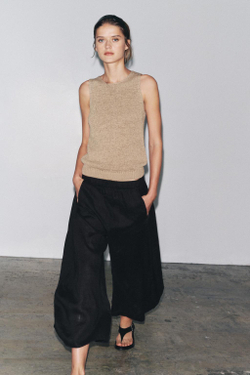 ZARA ТРИКОТАЖНЫЙ ТОП В СТИЛЕ РУСТИК, ПЕСОЧНЫЙ/КОРИЧНЕВЫЙ