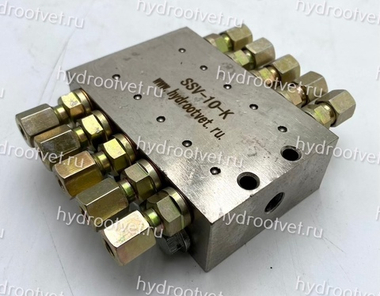 SSV-10-K - Питатель для прогрессивных систем смазки с рабочим давлением 300 бар, количество выходов 10, максимальная доза 0,2 мл/цикл, под электрический индикатор