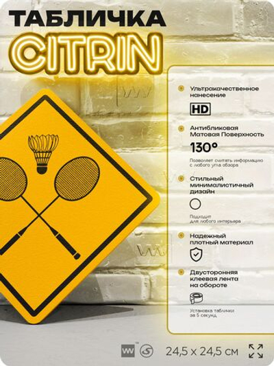 Табличка декоративная "Бадминтон" на дверь и стену, спортивная, информационная, декоративный знак, 24,5х24,5 см, пластиковая, Айдентика Технолоджи