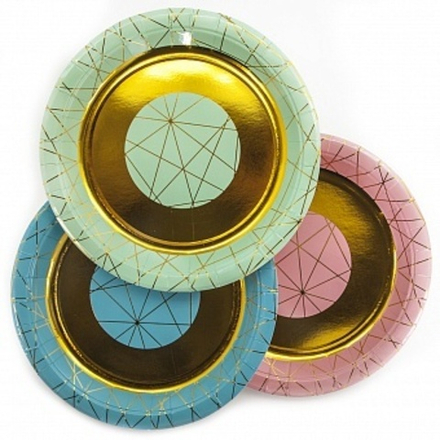 Тарелки (9''/23 см) С Днем Рождения! (геометрия линий) Ассорти Металлик 6 шт.