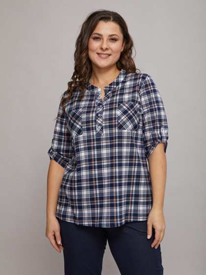 Блузка БЛ-131/синий-бежклетка
