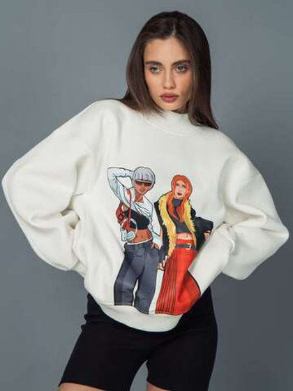 Свитшот женский оверсайз с принтом fashion girls молочный