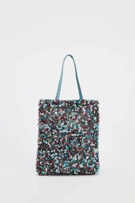 ZARA МИНИАТЮРНАЯ СУМКА-МЕШОК С БИСЕРОМ, СИНИЙ