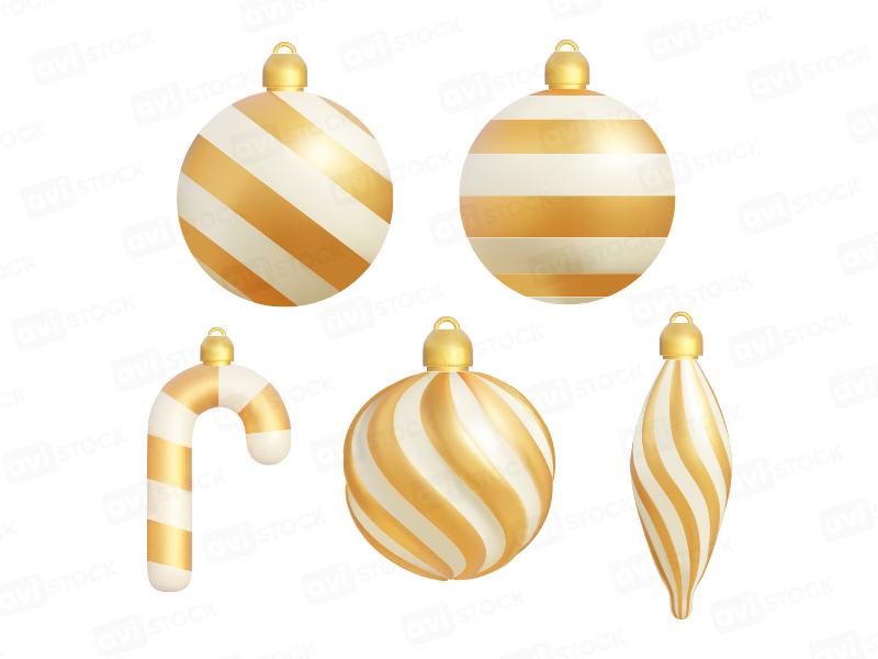 Векторный набор новогодних и рождественских украшений — золотые елочные шары и праздничная трость
