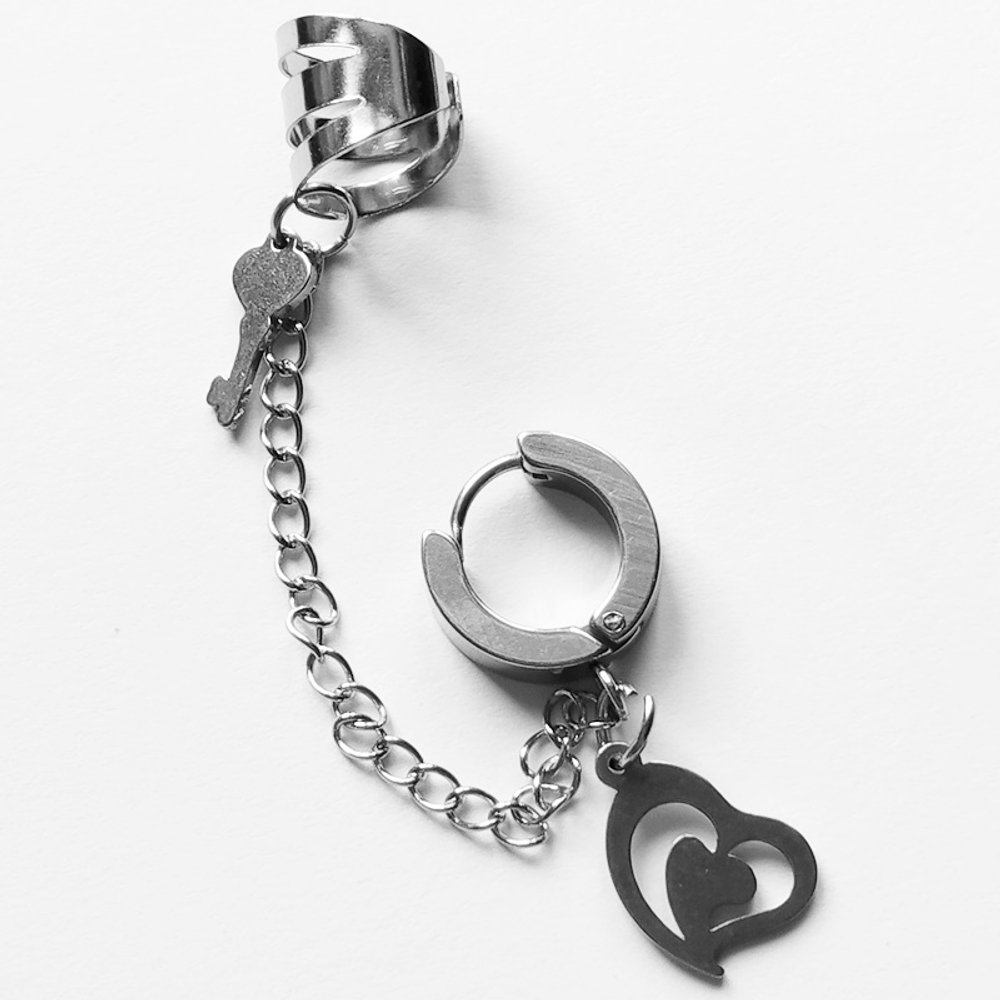 Серьга кольцо с клипсой на цепочке "Сердце, ключик" для пирсинга уха. Медицинская сталь. Цена за набор.