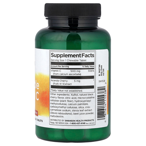 Swanson, Жевательные витамины C, без сахара, натуральная вишня, 60 жевательных таблеток