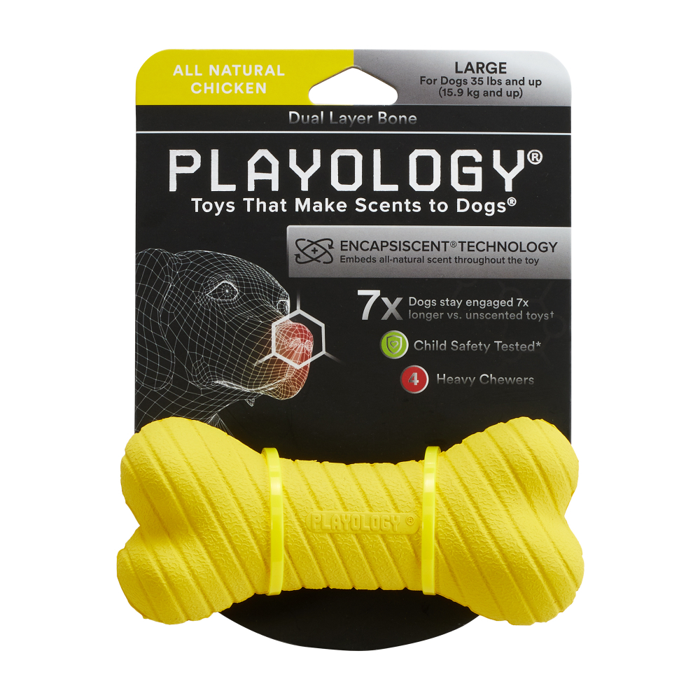 Playology двухслойная жевательная косточка DUAL LAYER BONE для собак средних и крупных пород с ароматом курицы, большая, цвет желтый