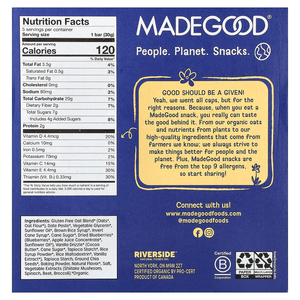MadeGood, Mornings™, органические запеченные овсяные батончики, со вкусом голубики, 5 батончиков по 30 г (1,06 унции)