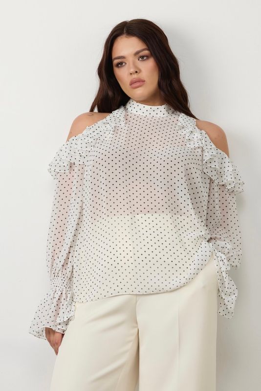 Блузка с открытыми плечами, принт горох