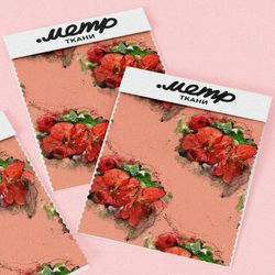 Ткань блэкаут красные цветы на оранжевом фоне