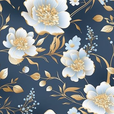 Золотые цветы и листья на синем фоне