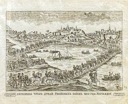 Переправа через Дунай Российских войск 11 марта 1854 года. Гравюра. [Лубок] 1866 г. Бумага, гравиров