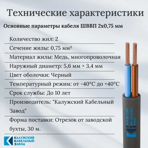 Провод ШВВП 2х0,75 мм, ГОСТ, медь, черный, 30 метров, Калужский Кабельный Завод (ККЗ)