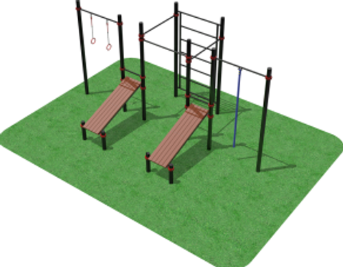 КОМПЛЕКС ВОРКАУТ (3 ТУРНИКА, 2 СКАМЕЙКИ ДЛЯ ПРЕССА,ШВЕДСКАЯ СТЕНКА,КАНАТ, ГИМНАСТИЧЕСКИЕ КОЛЬЦА)