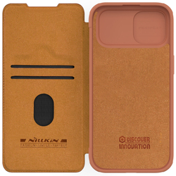 Кожаный чехол книжка коричневого цвета от Nillkin для iPhone 15, серия Qin Pro Leather с защитной шторкой для камеры