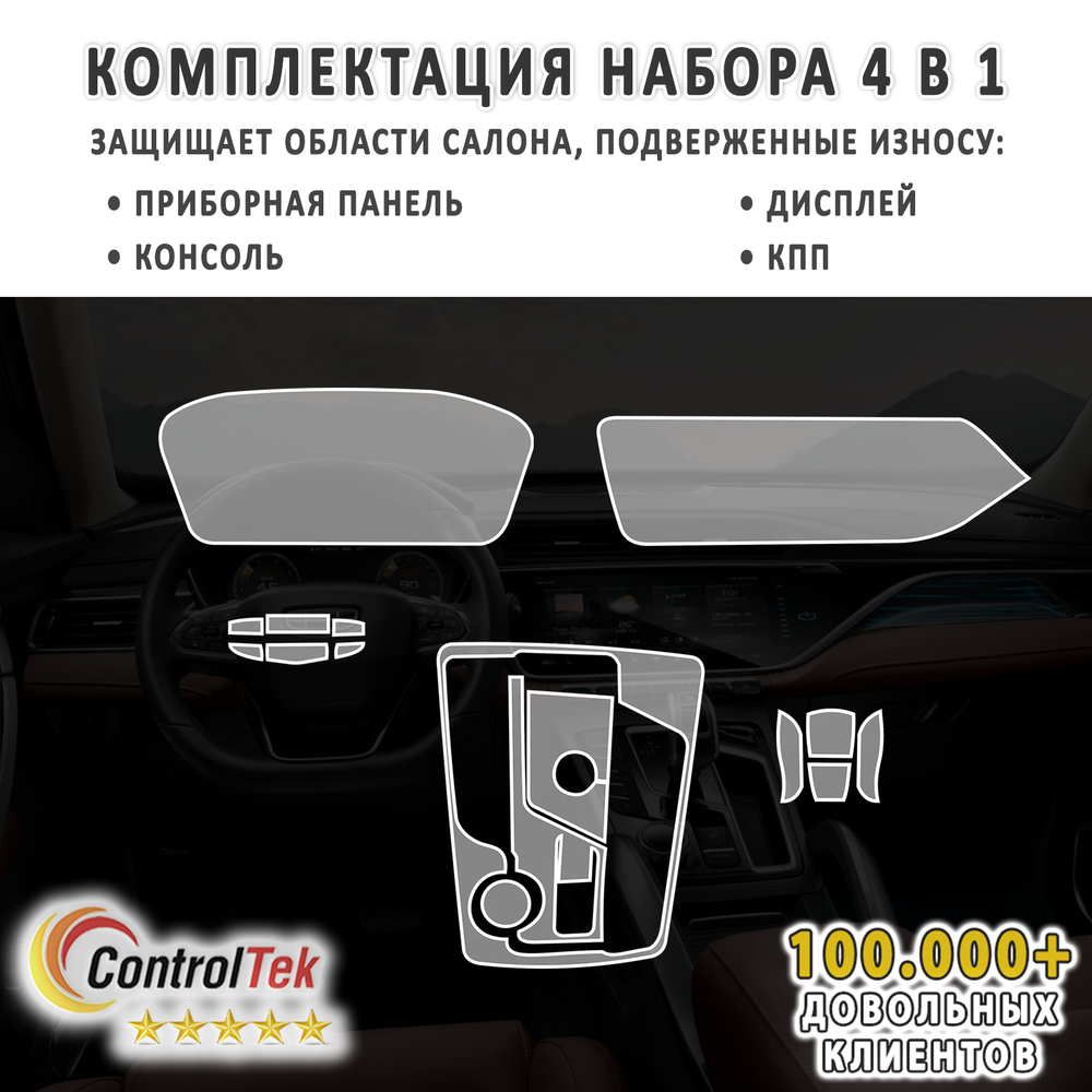 Geely Atlas Pro (2021) - комплект защитных пленок 4 в 1. Пленка защитная ControlTek HYBRID со слоем TOP COAT. Толщина: 6 mil. (175 мкм.)