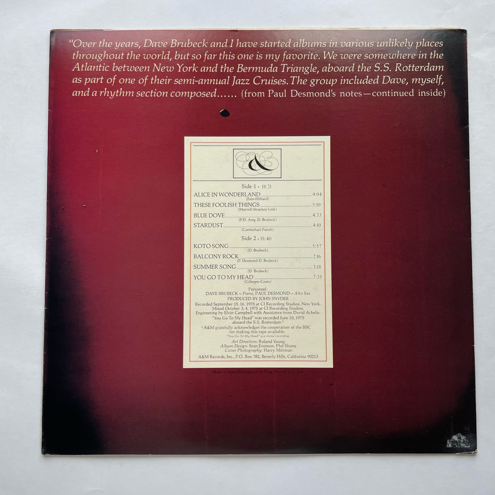 Винтажная виниловая пластинка LP Dave Brubeck and Paul Desmond, 1975 The Duets (Япония 1976) (Без Оби)