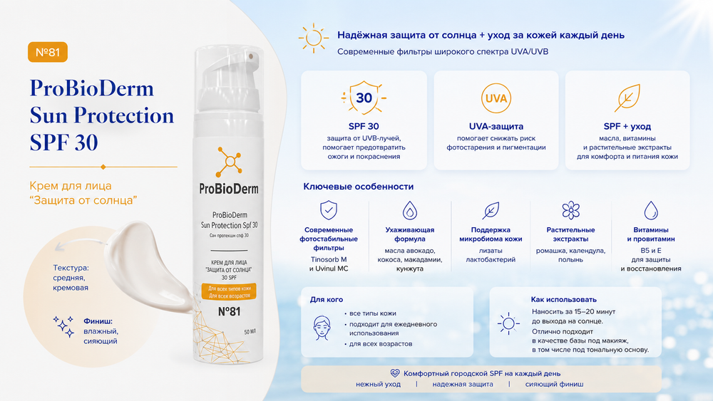 №81 Крем для лица «Защита от солнца» SPF-30 ProBioDerm Sun Protection, 50 мл (16,7 б)